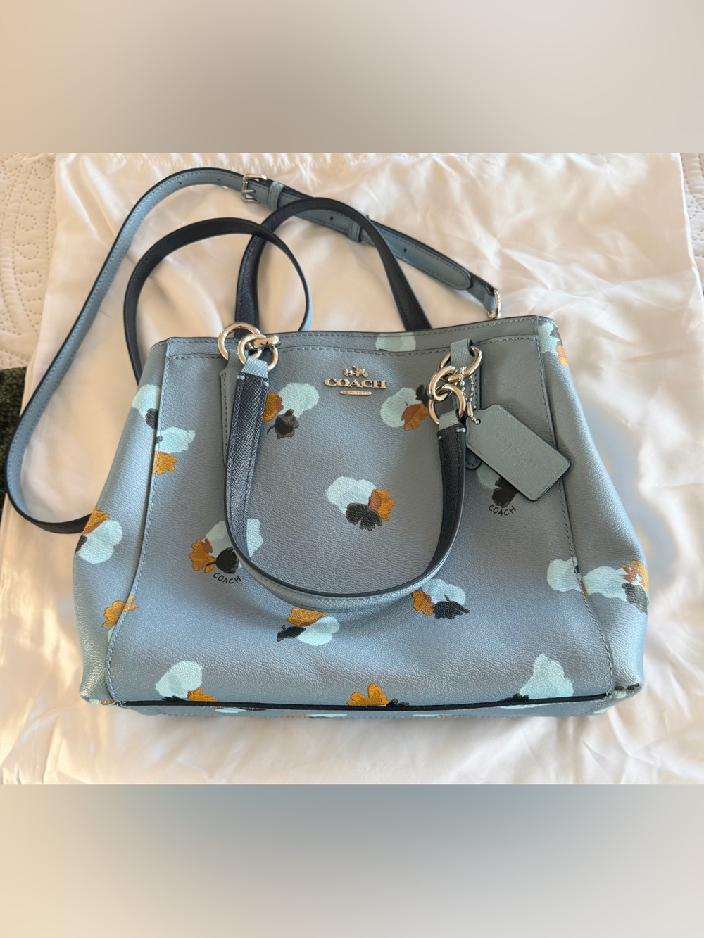 Coach Light Blue Floral Leather Shoulder Tote with Gold Hardware Crossbody